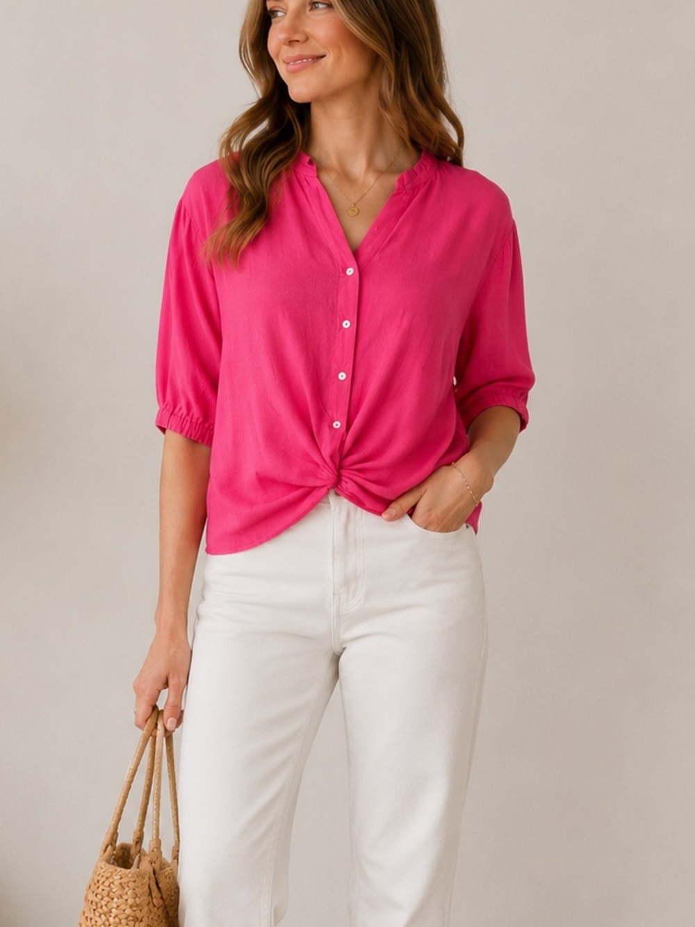 208. Dreamers Linen Hot Pink Button-Front Twist Hem Blouse